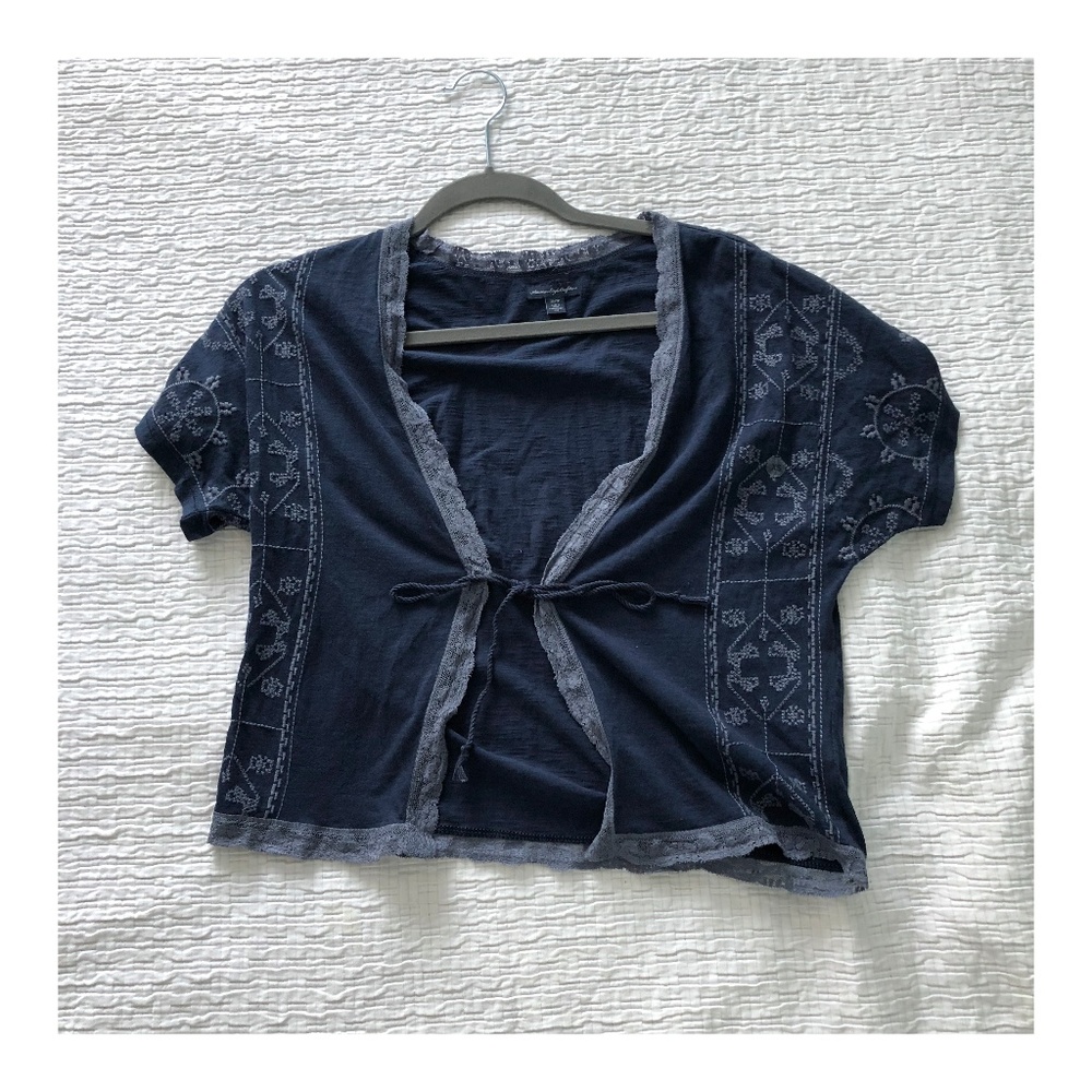 Blue Embroidered Tie Top Kimono